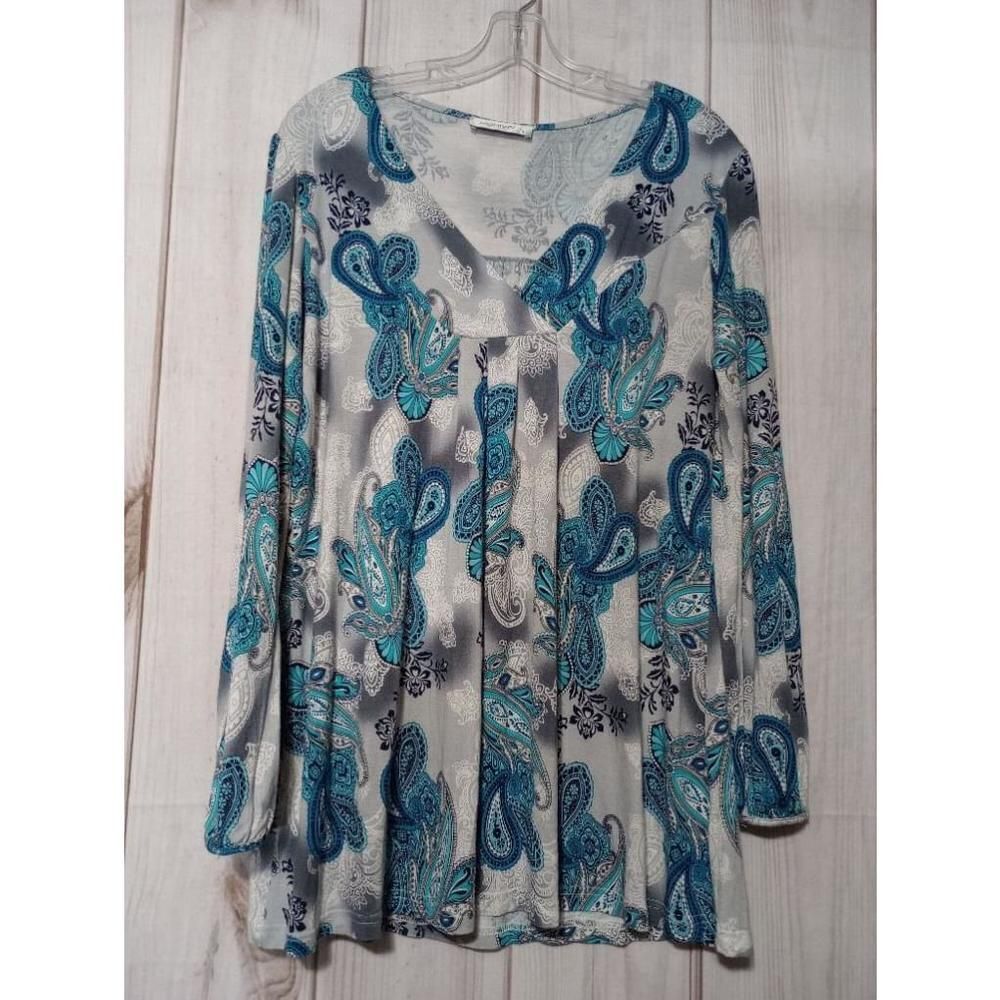 MoQiVGi Shirt Ladies Large Paisley Blue Grey‎ Long Sleeve